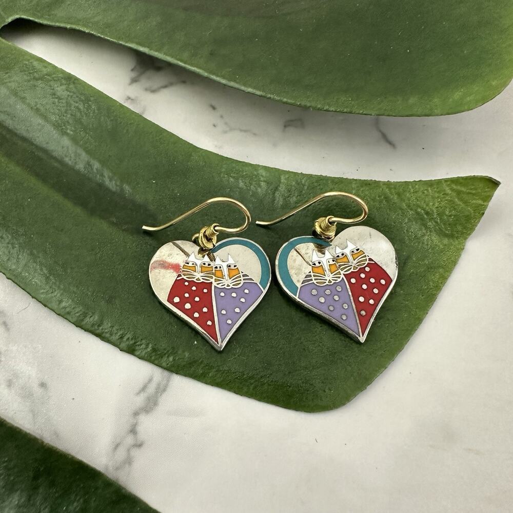 Laurel Burch Vintage 90s Valentine Cats Dangle Earrings Silver Tone Hearts